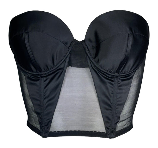 Vintage 1990's Gianfranco Ferre Black Satin Sheer Mesh Pin-Up Bustier Crop Top