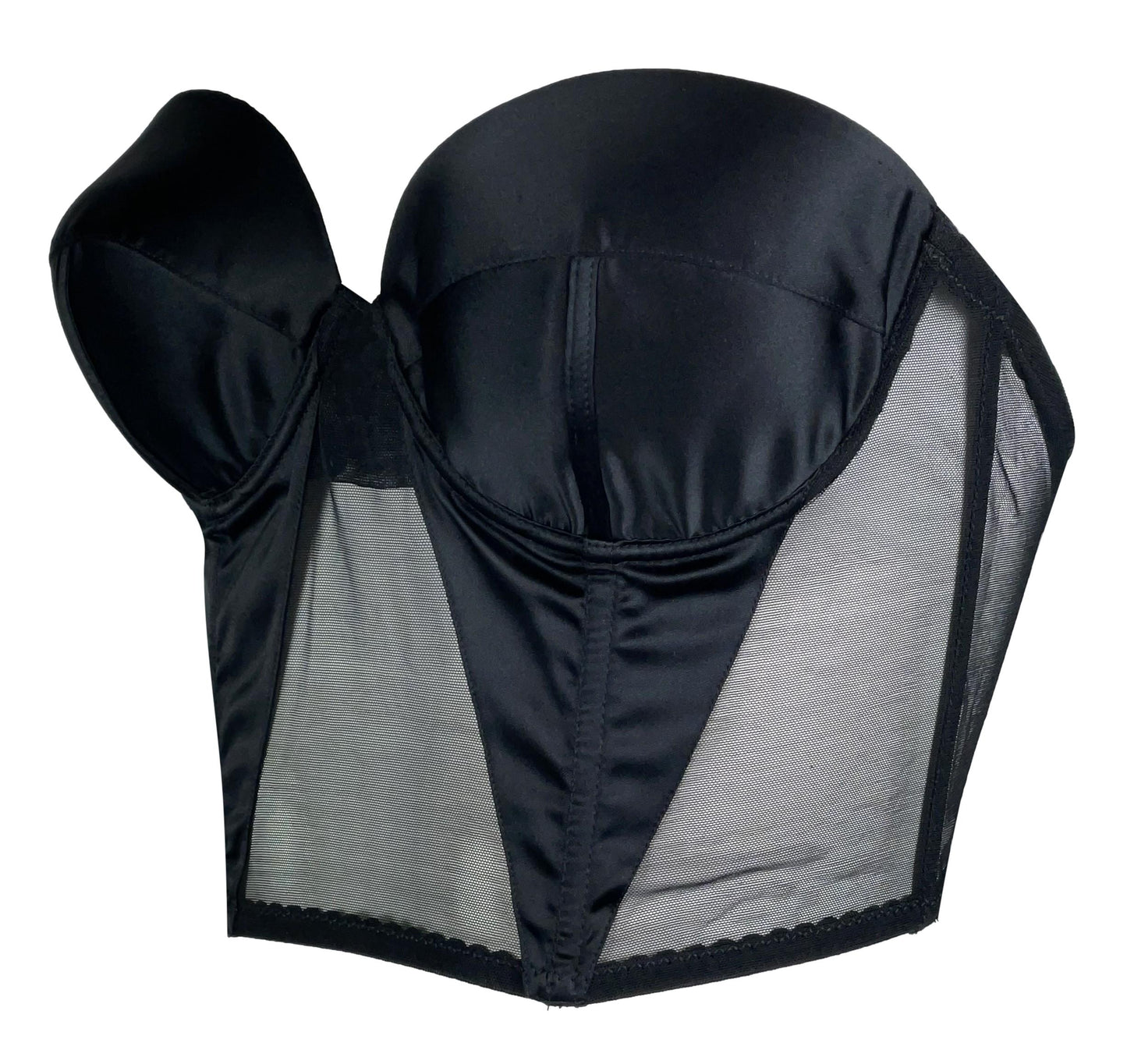 Vintage 1990's Gianfranco Ferre Black Satin Sheer Mesh Pin-Up Bustier Crop Top