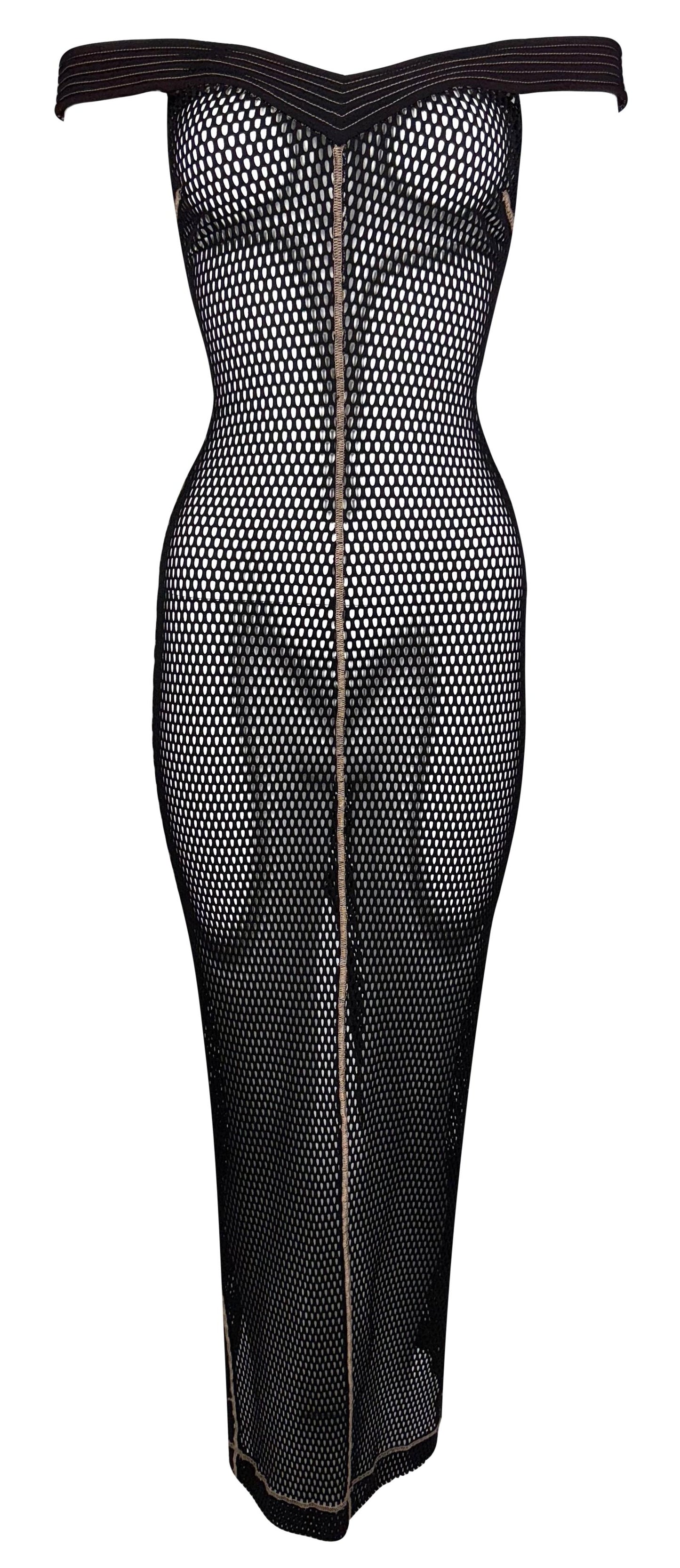F/W 1996 Gianfranco Ferre Sheer Brown Fishnet Off Shoulder Wiggle Maxi Dress