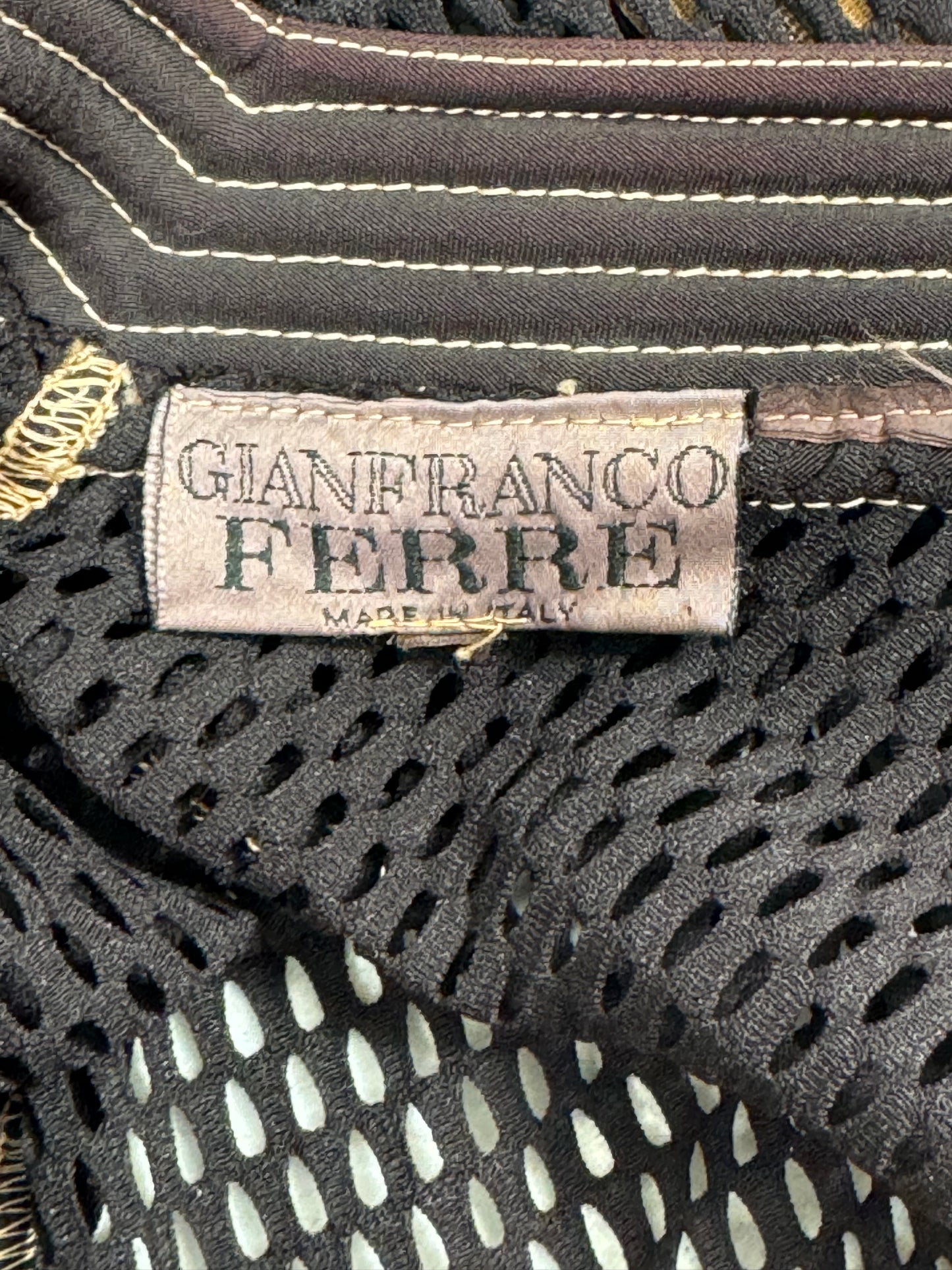 F/W 1996 Gianfranco Ferre Sheer Brown Fishnet Off Shoulder Wiggle Maxi Dress