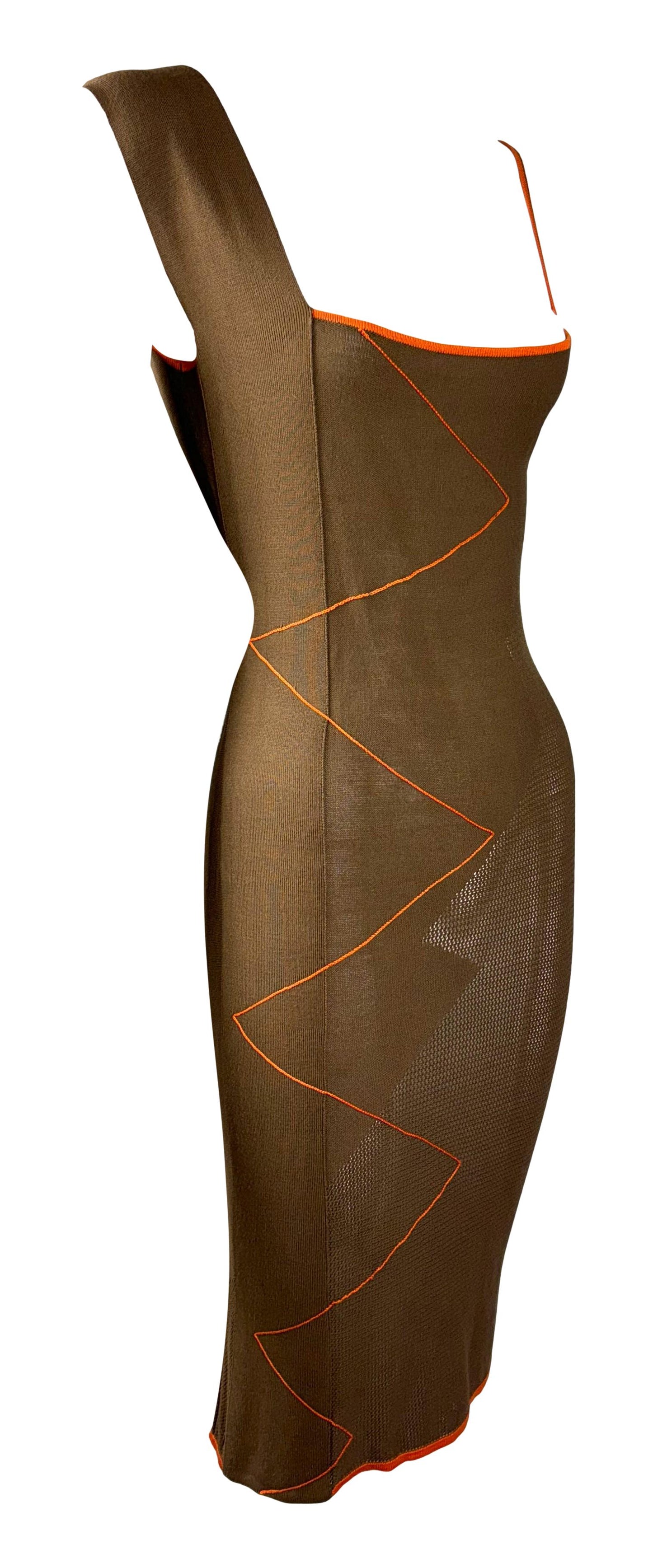 1990's Gianfranco Ferre Sheer Tan Brown & Orange Knit Zig-Zag Bodycon Dress