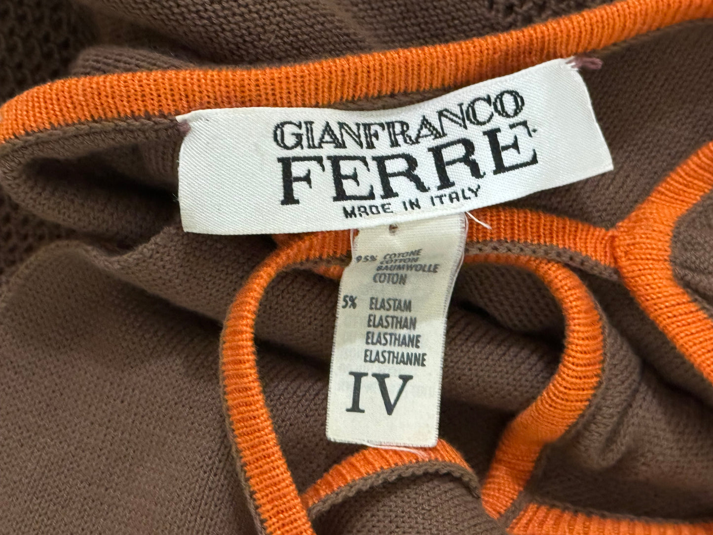 1990's Gianfranco Ferre Sheer Tan Brown & Orange Knit Zig-Zag Bodycon Dress