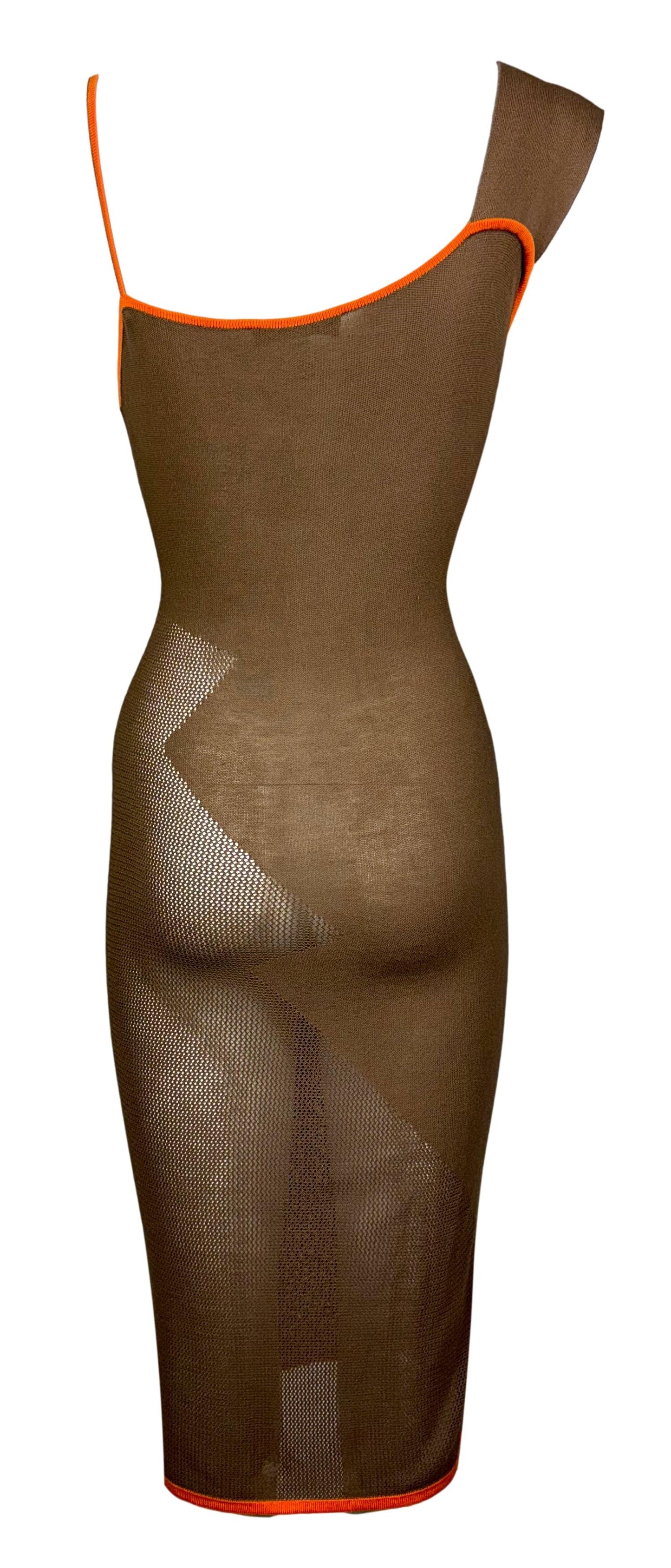1990's Gianfranco Ferre Sheer Tan Brown & Orange Knit Zig-Zag Bodycon Dress