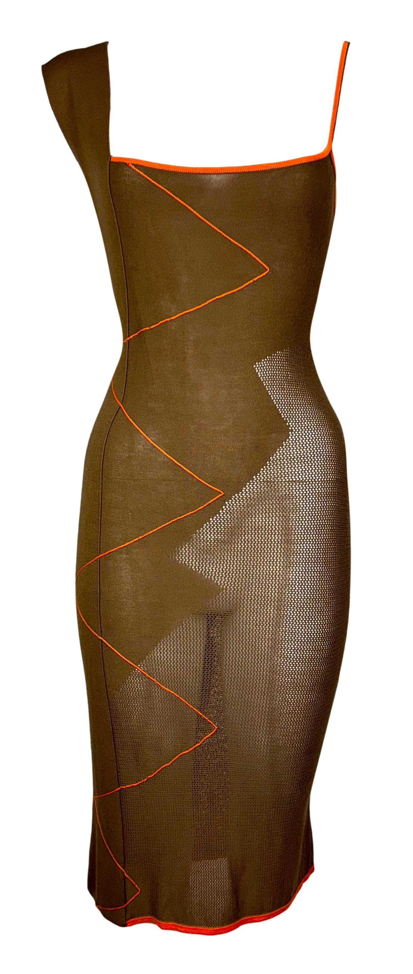 1990's Gianfranco Ferre Sheer Tan Brown & Orange Knit Zig-Zag Bodycon Dress