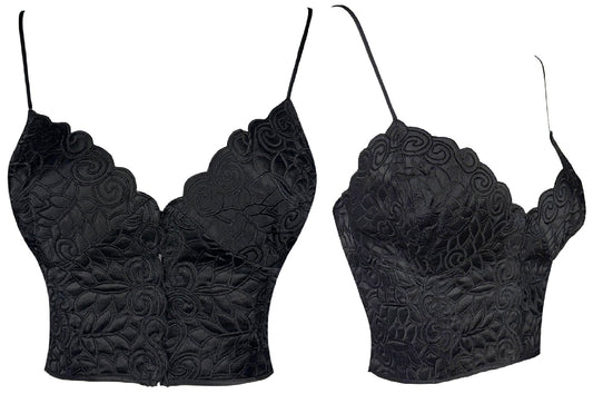 1990's Gianni Versace Black Embroidered Plunging Bustier Crop Top