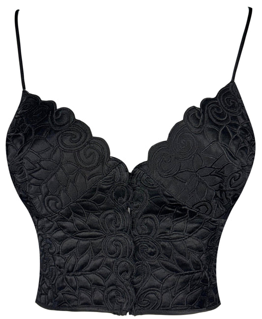 1990's Gianni Versace Black Embroidered Plunging Bustier Crop Top