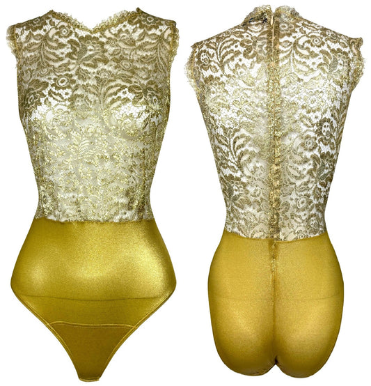 Vintage 1990's Gianni Versace Instante Sheer Gold Lace Bodysuit Top