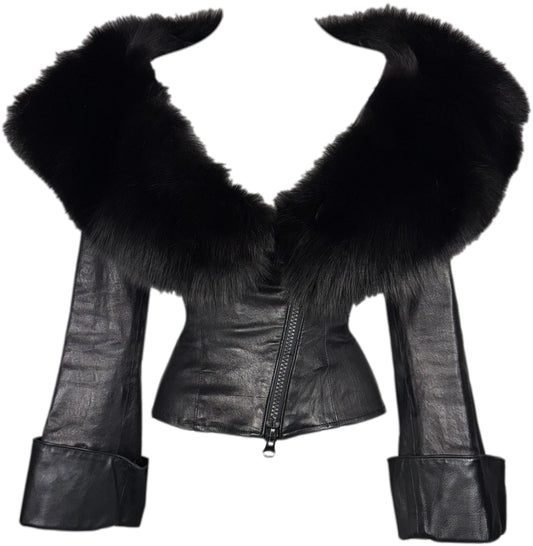 Vintage 1990's Jean Claude Jitrois Sexy Pin-Up Wide Neck Plunging Fox Fur Collar Fitted Leather Jacket