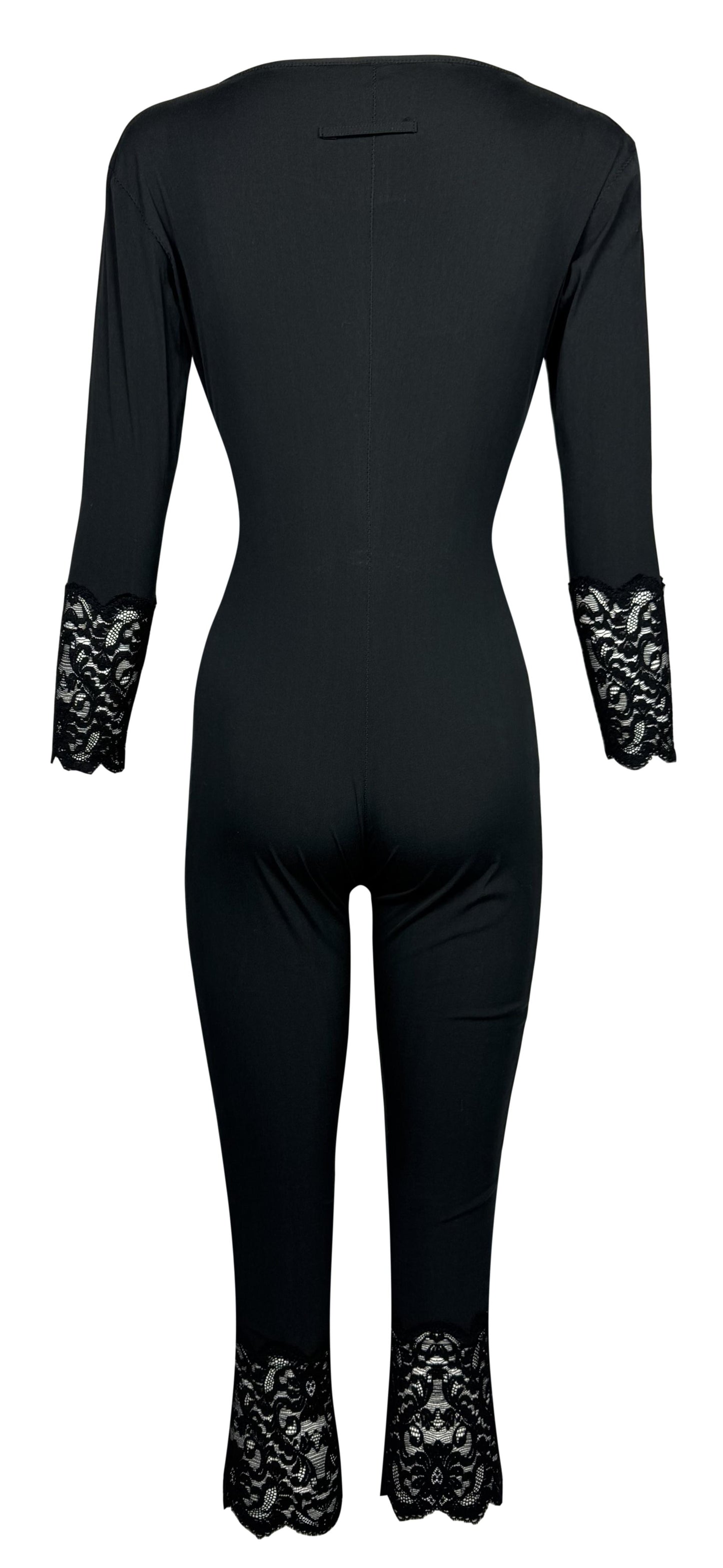 Vintage 1990's Jean Paul Gaultier Pin-Up Black Button Down Bodycon Lace Trim Romper Jumpsuit