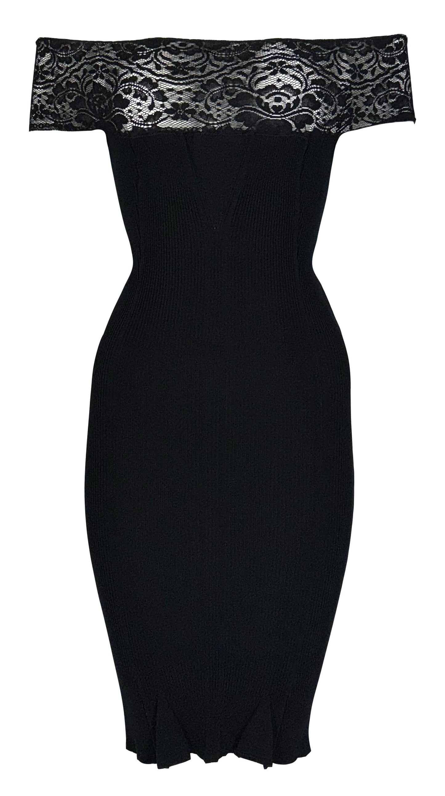 1990's Jean Paul Gaultier Black Sheer Lace Chest Off Shoulder Bodycon Wiggle Dress