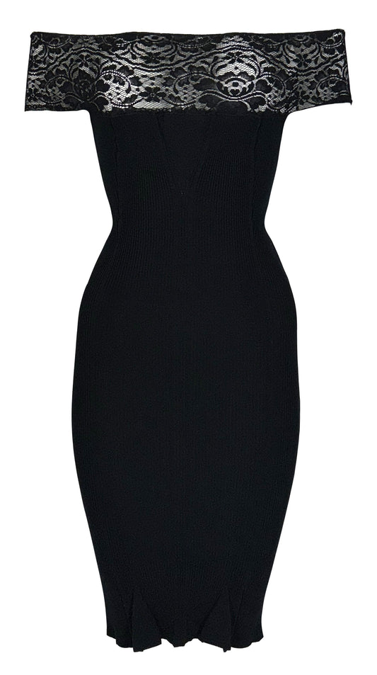 1990's Jean Paul Gaultier Black Sheer Lace Chest Off Shoulder Bodycon Wiggle Dress