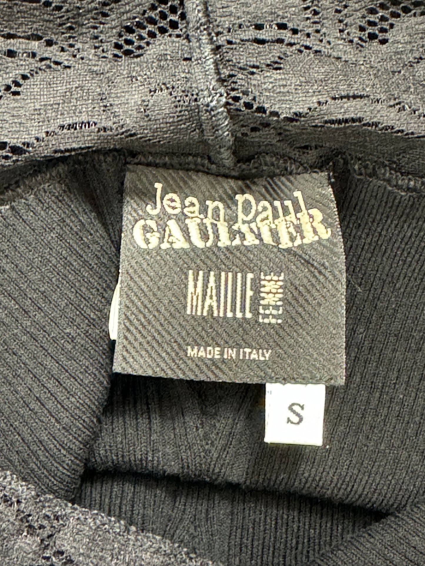 1990's Jean Paul Gaultier Black Sheer Lace Chest Off Shoulder Bodycon Wiggle Dress