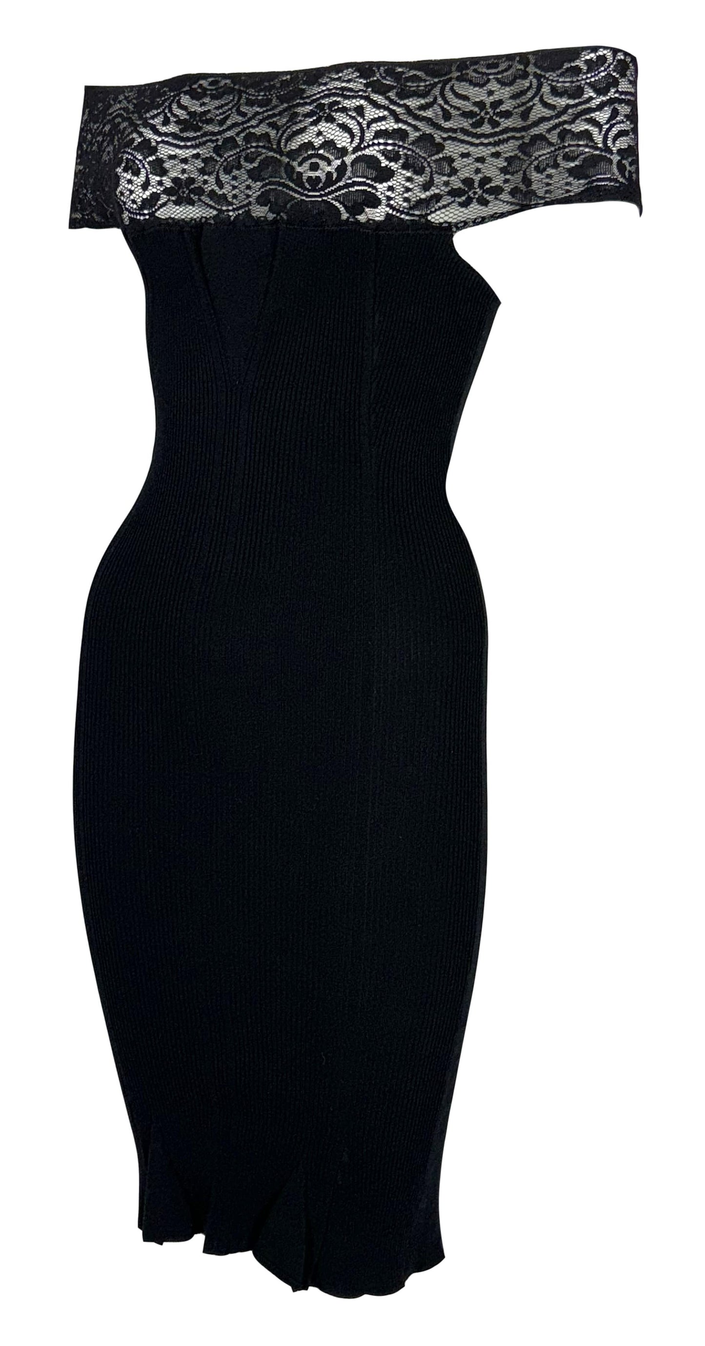 1990's Jean Paul Gaultier Black Sheer Lace Chest Off Shoulder Bodycon Wiggle Dress