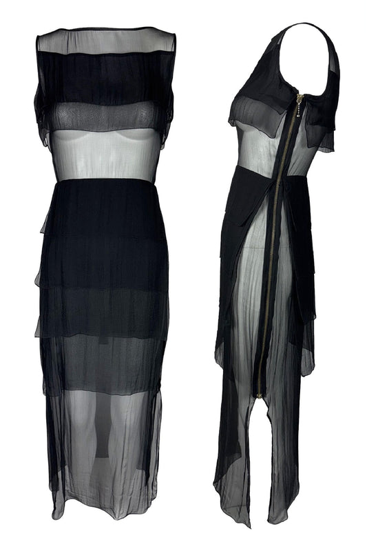 1990's Jean Paul Gaultier Sheer Black Silk Double Zipper Maxi Dress