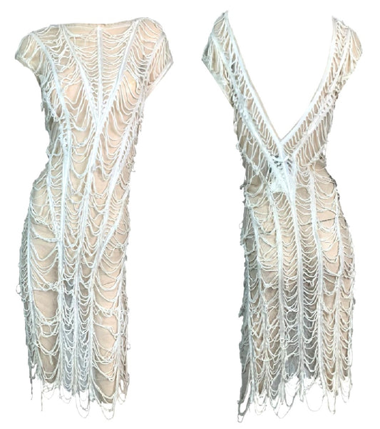 Vintage 1990's Jean Paul Gaultier Sheer Ivory Mesh Spiderweb Bodycon Dress