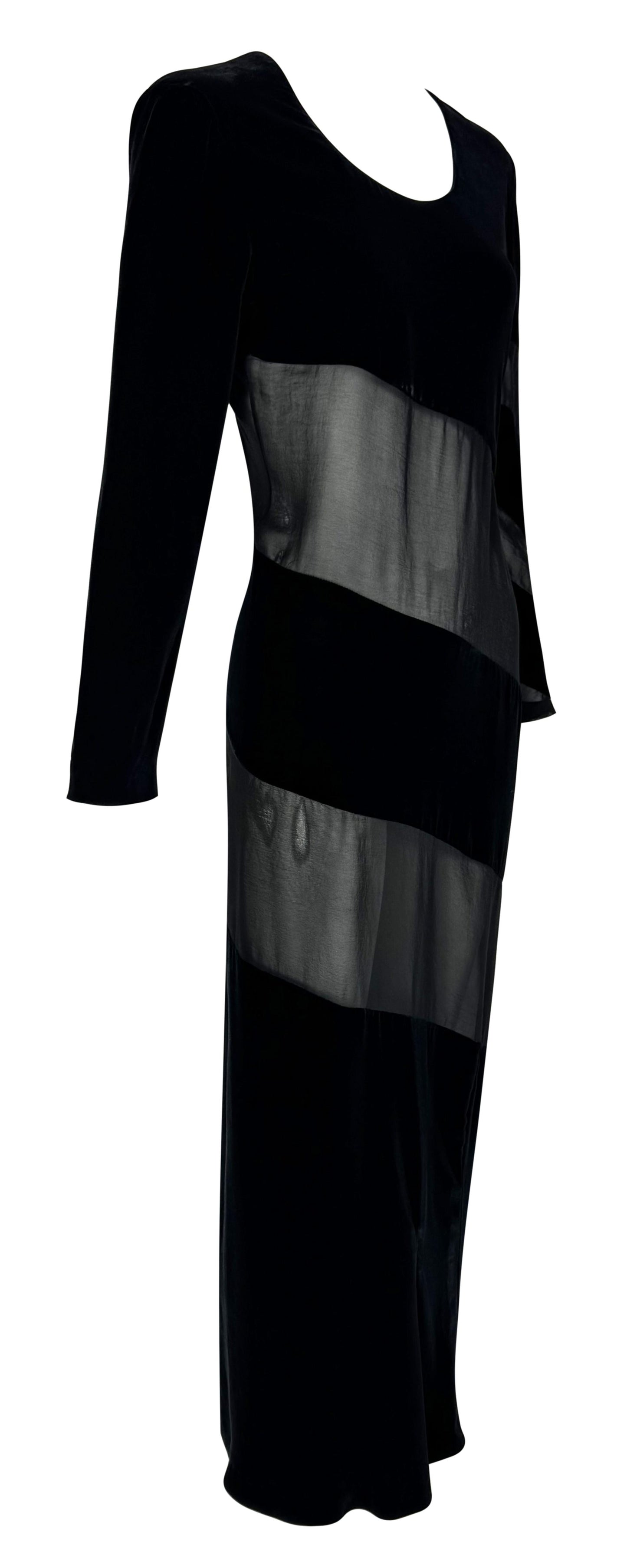 Vintage 1990's Jil Sander Sheer Black Velvet Striped L/S Maxi Dress