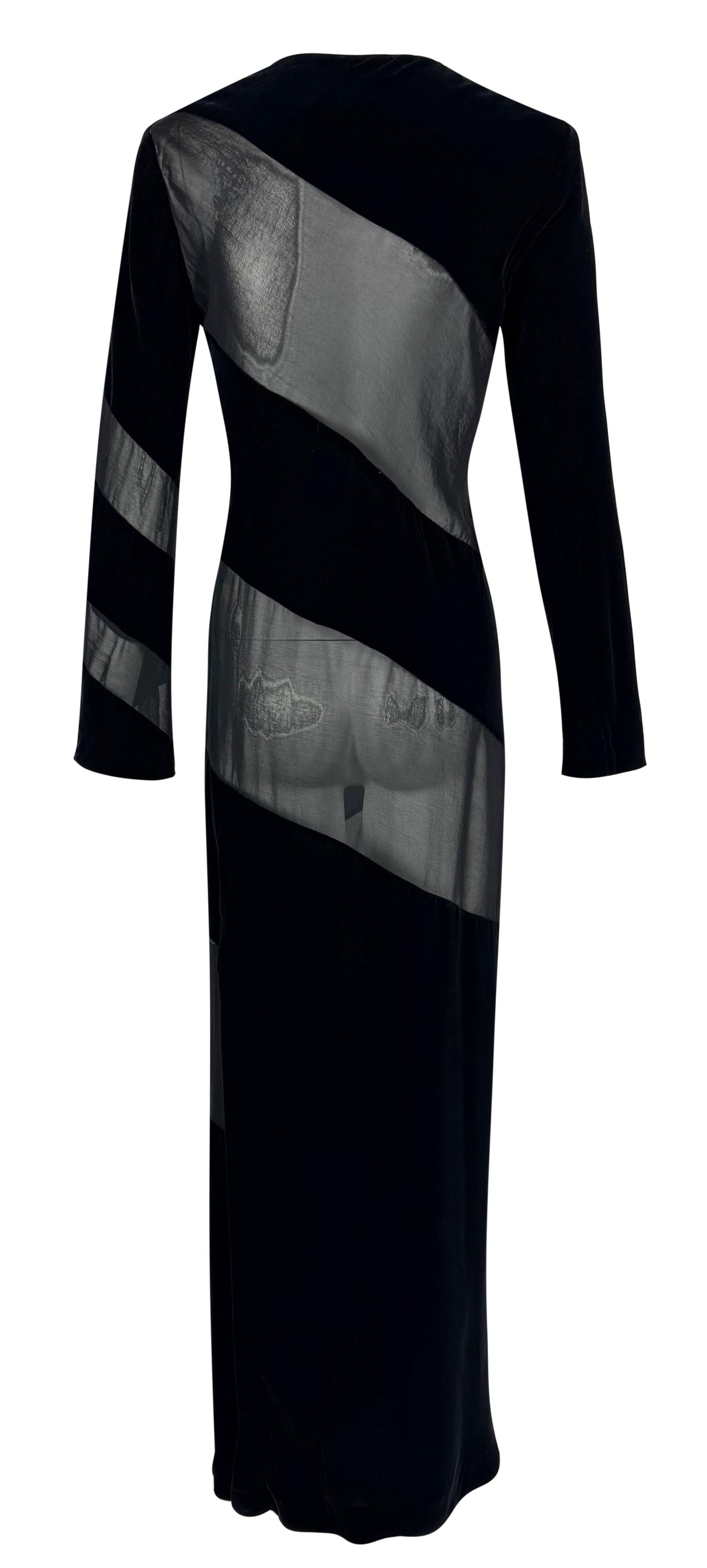 Vintage 1990's Jil Sander Sheer Black Velvet Striped L/S Maxi Dress