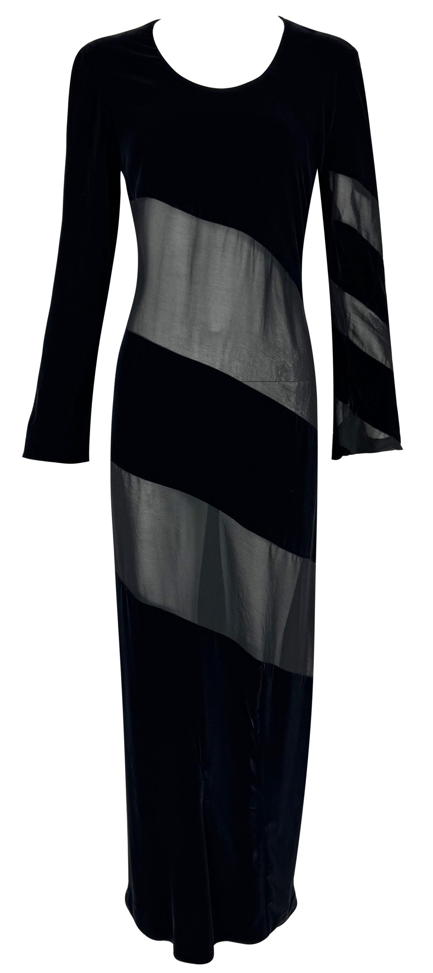 Vintage 1990's Jil Sander Sheer Black Velvet Striped L/S Maxi Dress