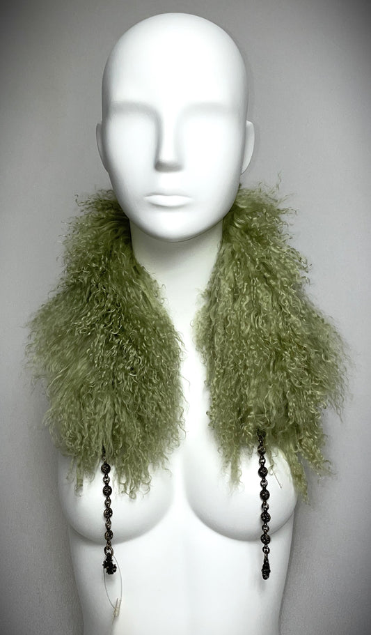 NWT Vintage 2000's Chrome Hearts Green Curly Lamb Fur Collar w Chains