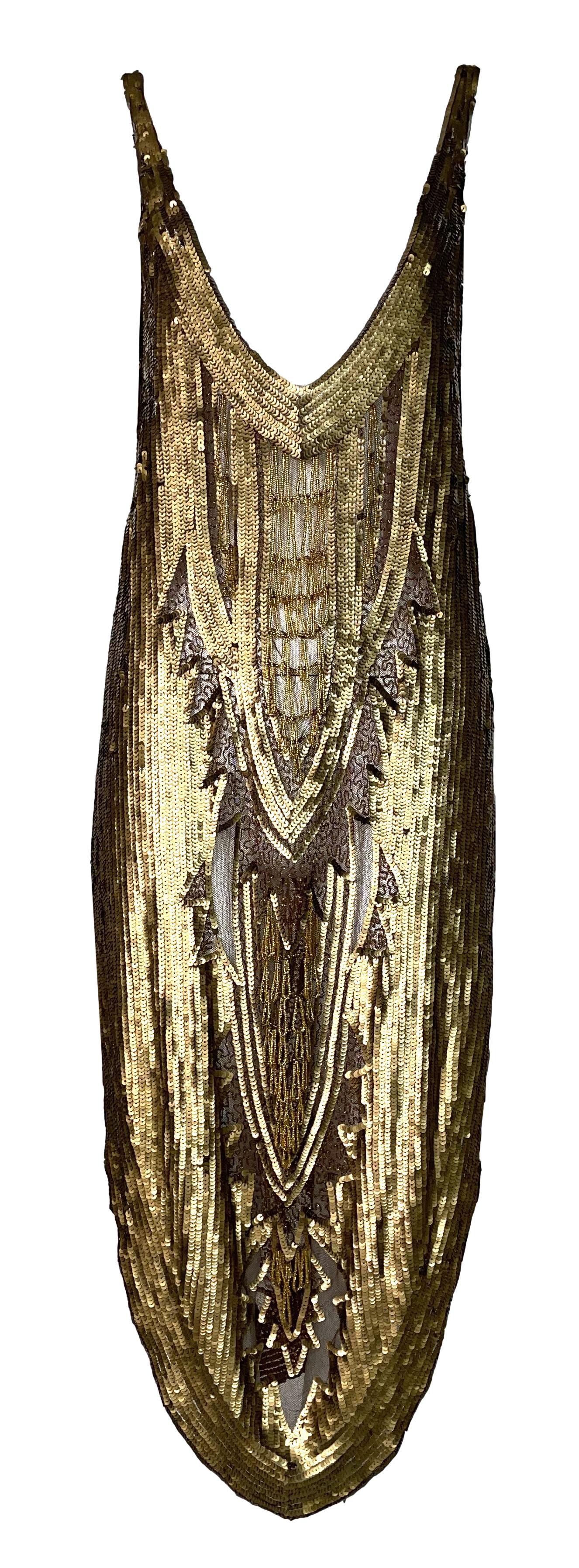 Vintage 1990's Norma Kamali Egyptian Gold Cleopatra Plunging High Slit Dress