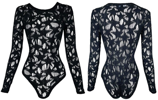 Vintage 1990's Thierry Mugler Sheer Star Knit Black Bodysuit Top