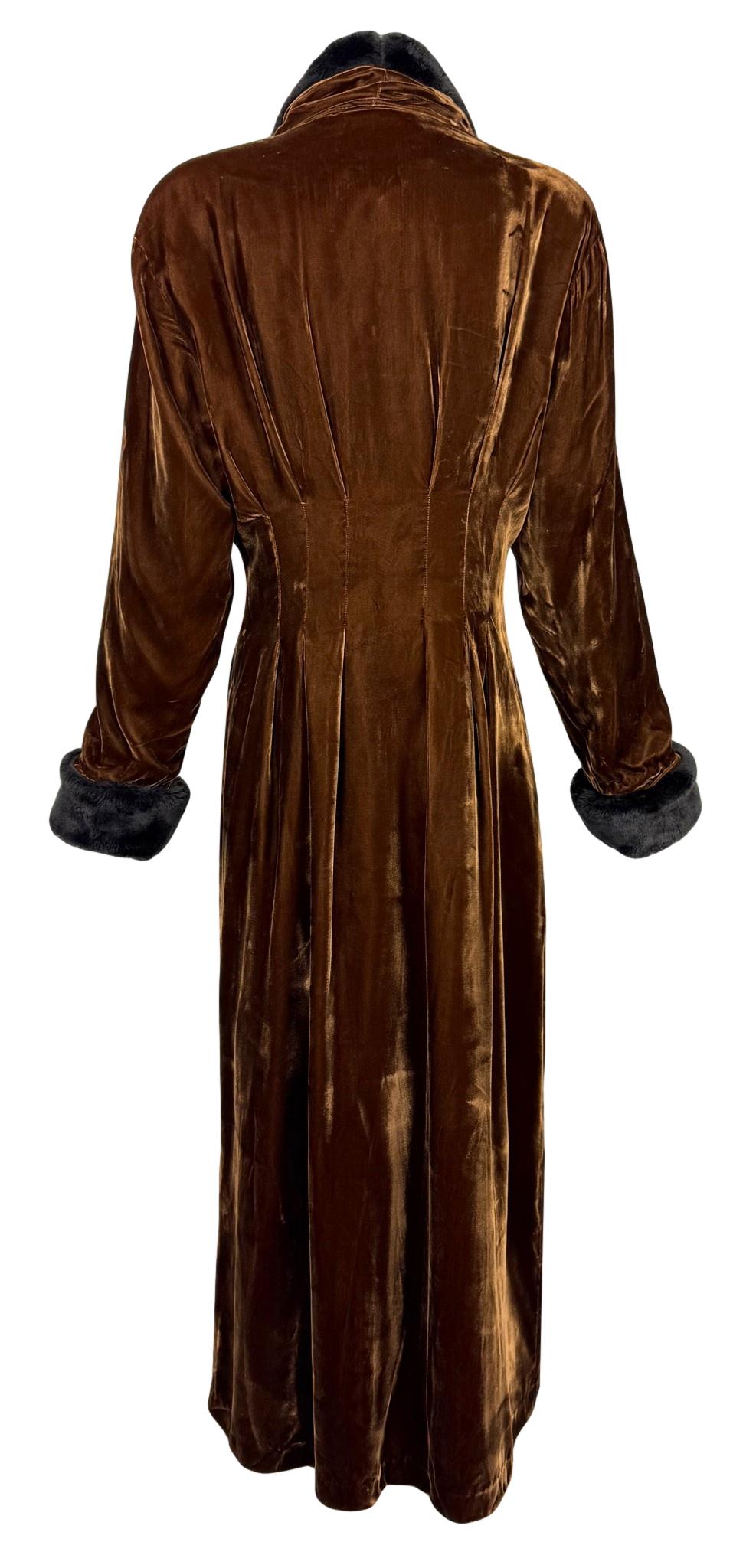 Vintage 1990's Valentino 1930's Style Bronze Velvet Faux Fur Robe Coat Dress