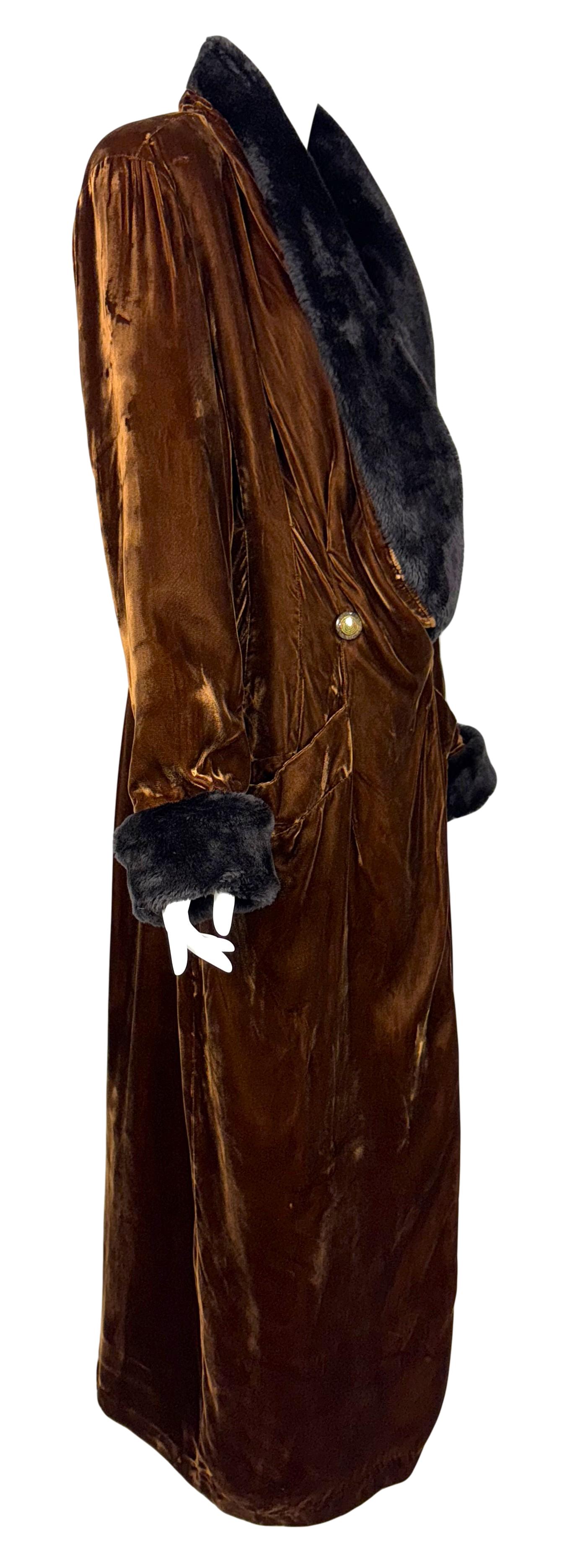 Vintage 1990's Valentino 1930's Style Bronze Velvet Faux Fur Robe Coat Dress