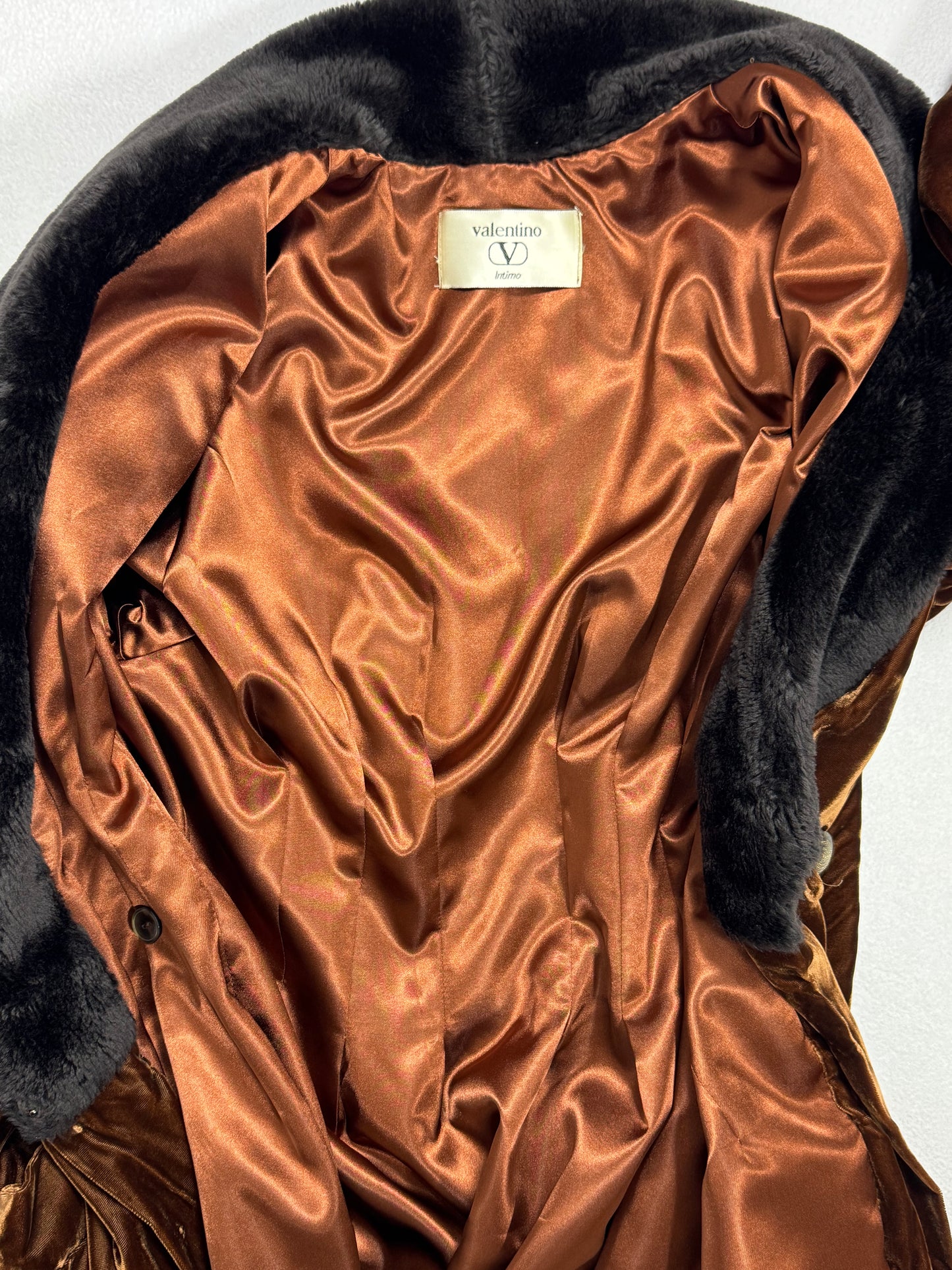 Vintage 1990's Valentino 1930's Style Bronze Velvet Faux Fur Robe Coat Dress