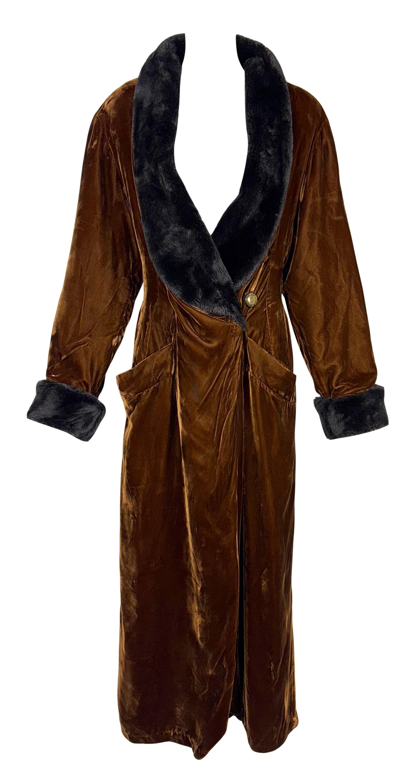 Vintage 1990's Valentino 1930's Style Bronze Velvet Faux Fur Robe Coat Dress