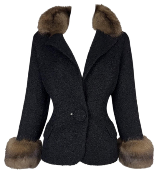 2000's Valentino Haute Couture Black Wool 1940's Old Hollywood Style Fitted Black Jacket w Sable Fur Trim & Collar