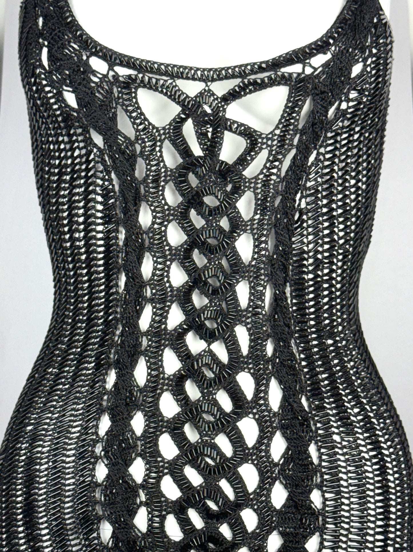 Vintage 1990's Valentino Sheer Black Knit Beaded Bodycon Dress