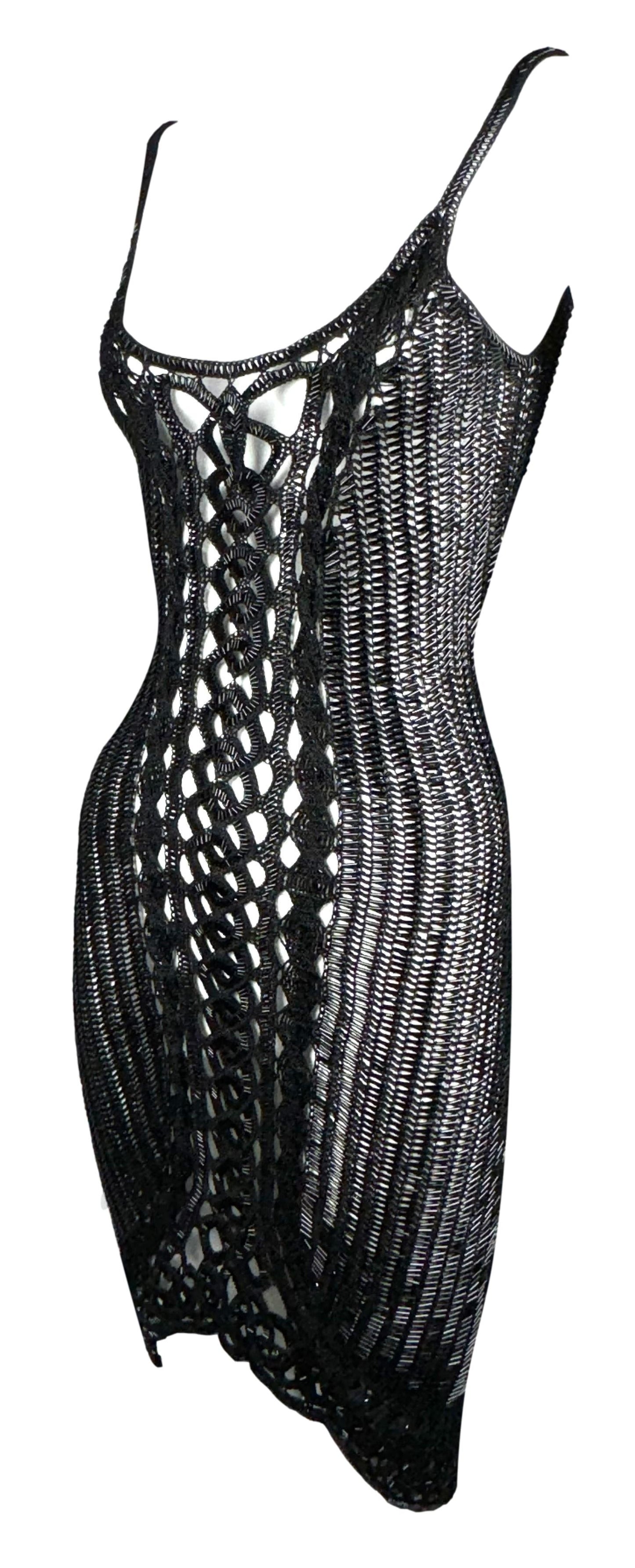 Vintage 1990's Valentino Sheer Black Knit Beaded Bodycon Dress