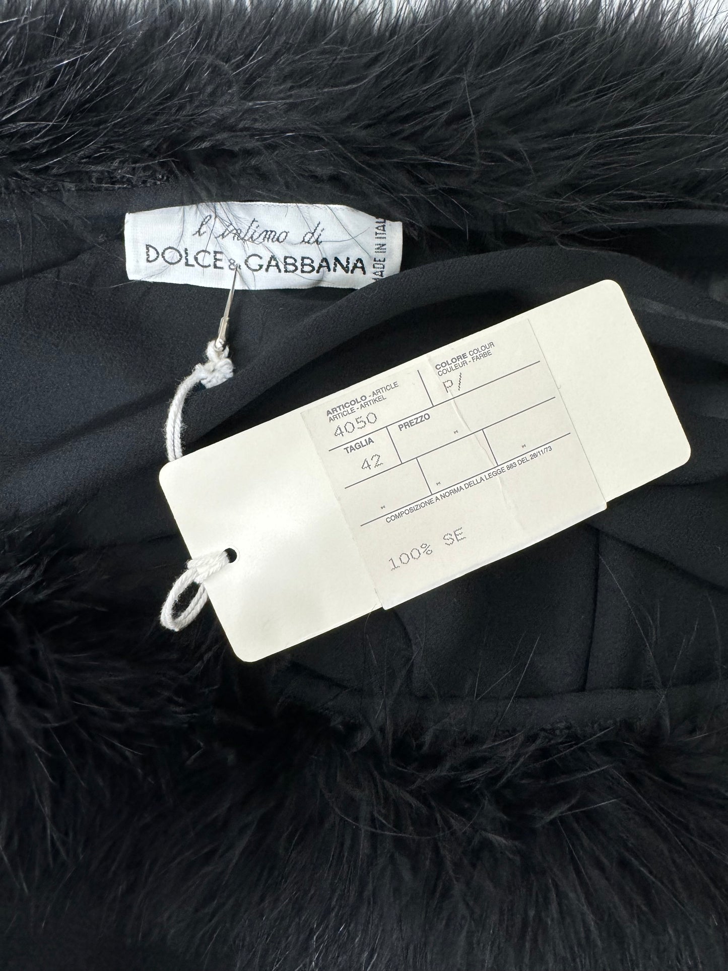 NWT F/W 1991 Dolce & Gabbana Sheer Black Silk & Feathers Mini Dress & Wide Leg Pants Set