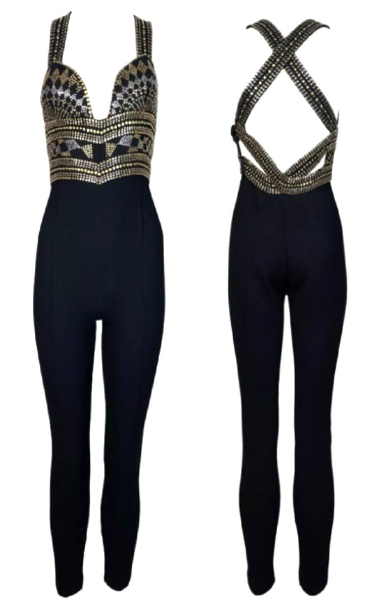 Vintage F/W 1991 Atelier Versace Couture by Gianni Gold Studded Black Catsuit Jumpsuit