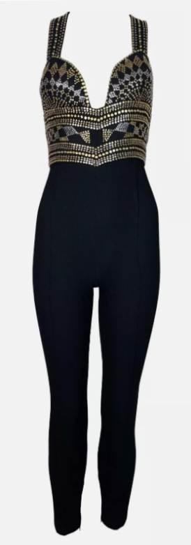 Vintage F/W 1991 Atelier Versace Couture by Gianni Gold Studded Black Catsuit Jumpsuit