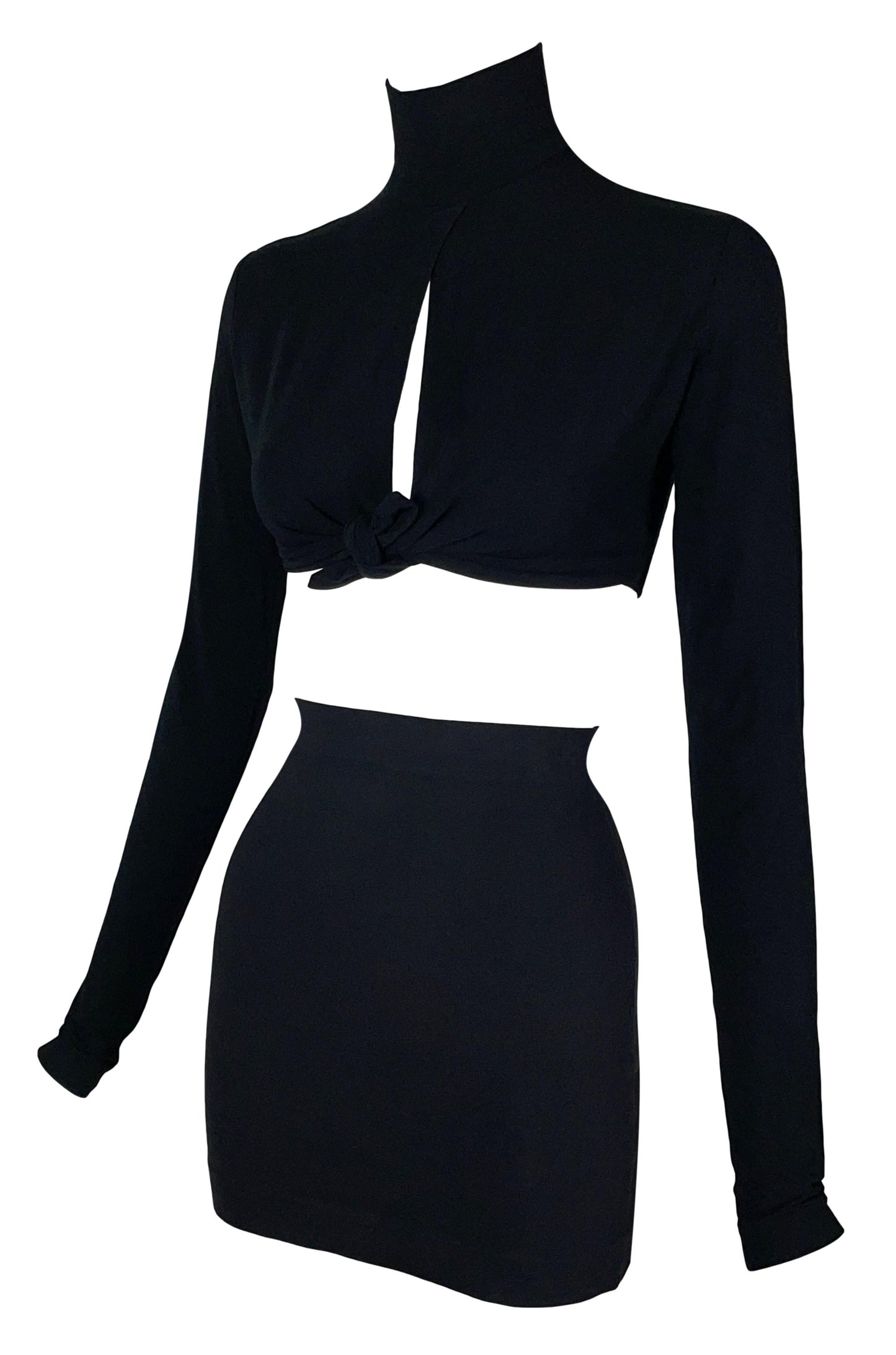 Vintage 1991 Dolce & Gabbana 1940's Style Pin-Up Knotted Cut-Out Black Crop Top & Mini Skirt Set