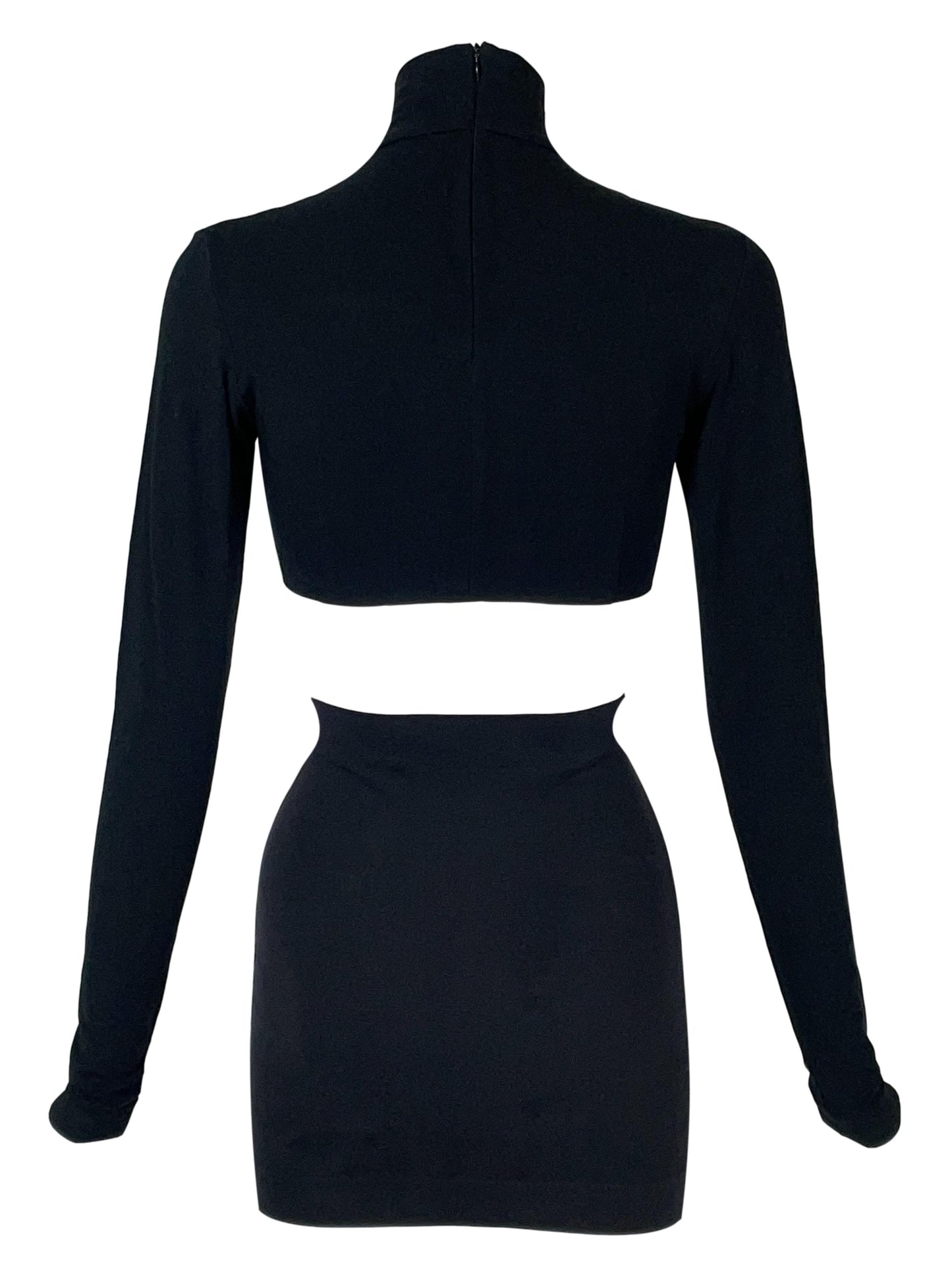 Vintage 1991 Dolce & Gabbana 1940's Style Pin-Up Knotted Cut-Out Black Crop Top & Mini Skirt Set