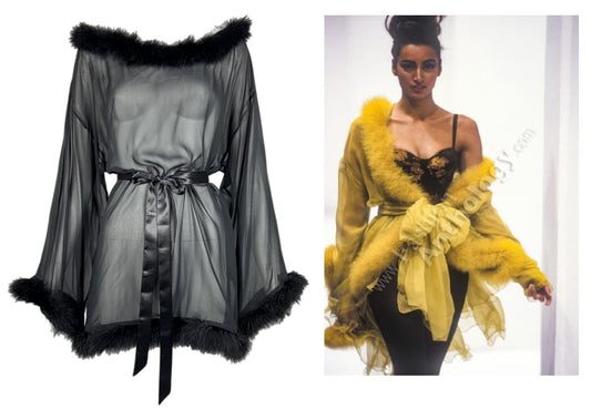 NWT F/W 1991 Dolce & Gabbana Sheer Black Silk & Feathers Mini Dress & Wide Leg Pants Set