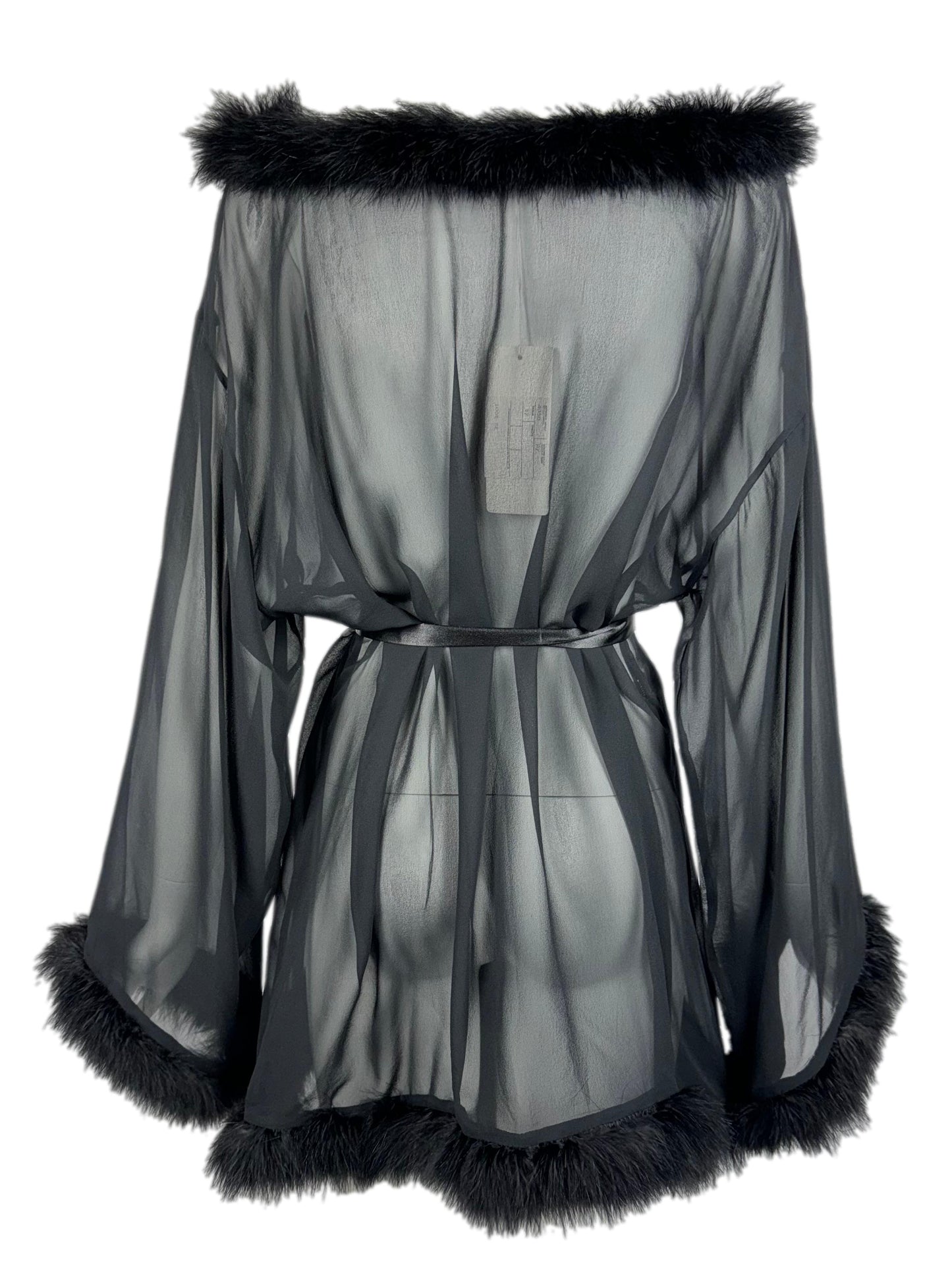NWT F/W 1991 Dolce & Gabbana Sheer Black Silk & Feathers Mini Dress & Wide Leg Pants Set