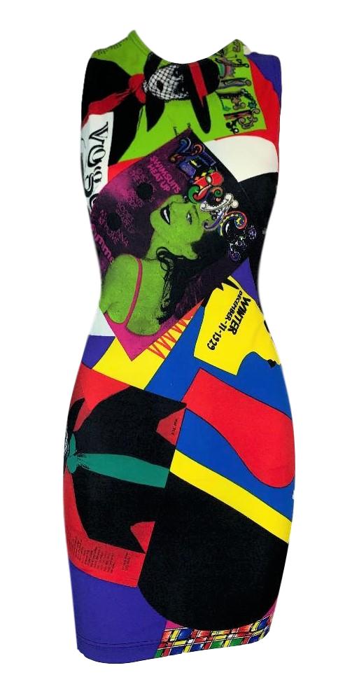 S/S 1991 Gianni Versace RARE Vogue Print Bodycon Stretch Mini Dress