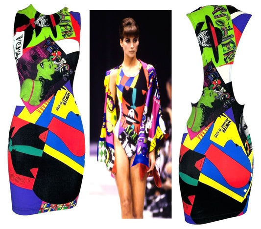 S/S 1991 Gianni Versace RARE Vogue Print Bodycon Stretch Mini Dress