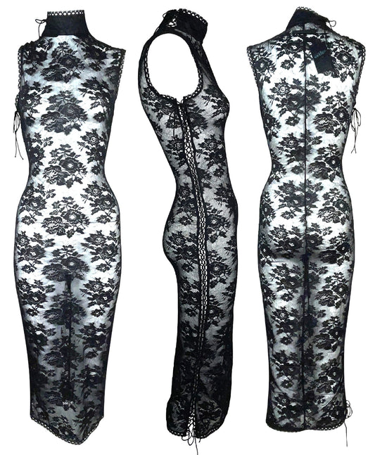S/S 1992 Jean Paul Gaultier Sheer Black Stretch Lace Side Corset Lace Up Wiggle Dress