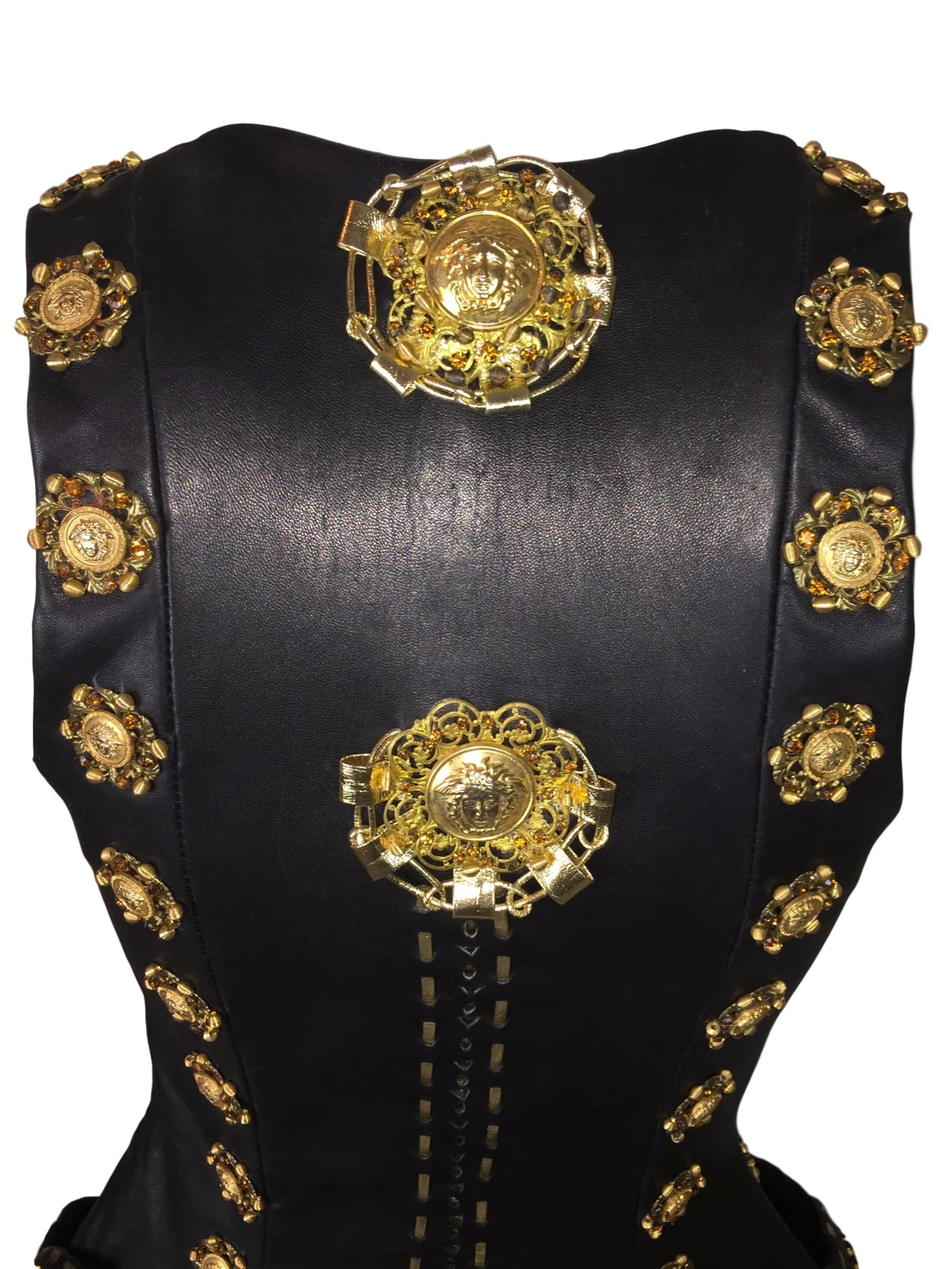 RARE F/W 1992 Atelier Versace Couture by Gianni Runway Black Leather Gold Embellished Mini Dress