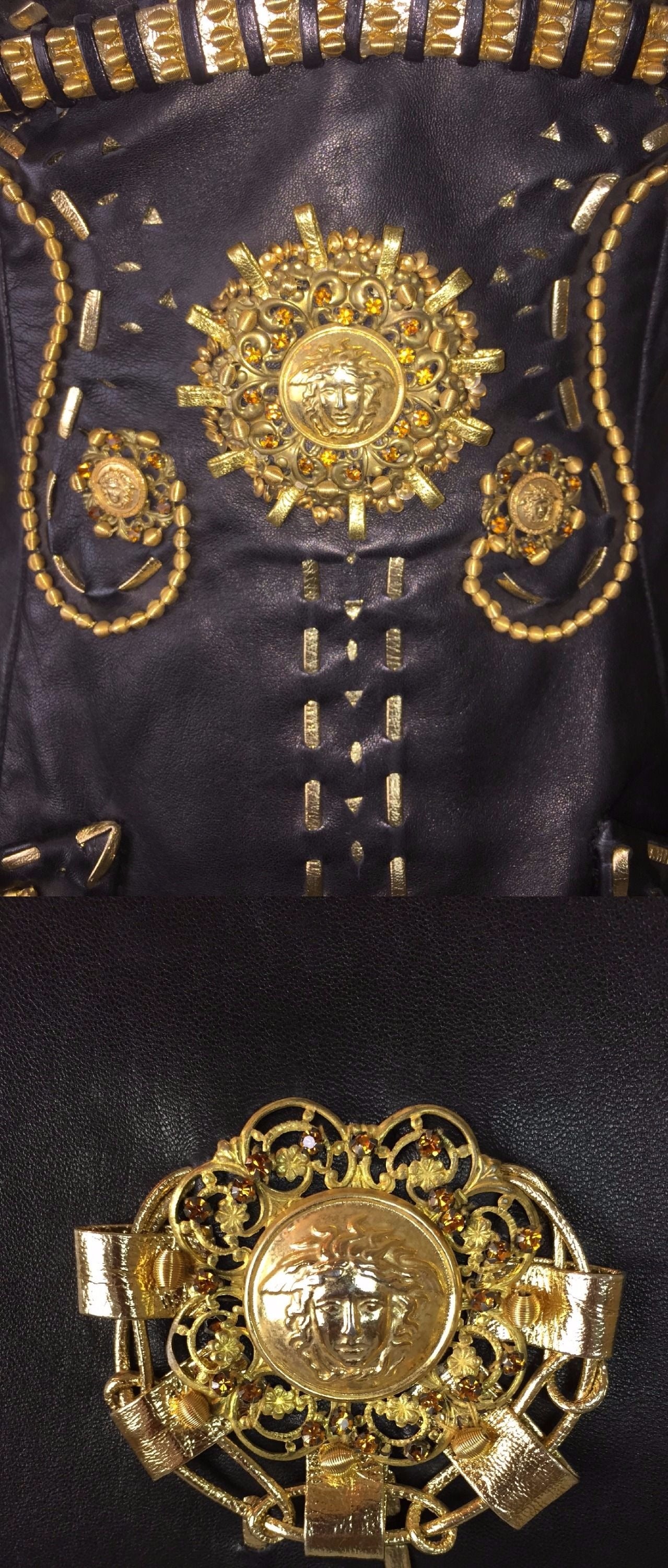 RARE F/W 1992 Atelier Versace Couture by Gianni Runway Black Leather Gold Embellished Mini Dress