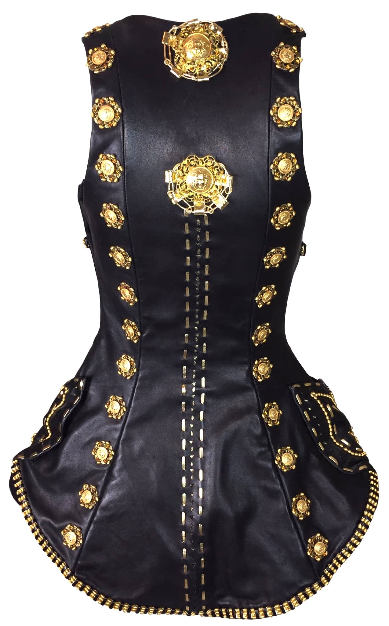 RARE F/W 1992 Atelier Versace Couture by Gianni Runway Black Leather Gold Embellished Mini Dress