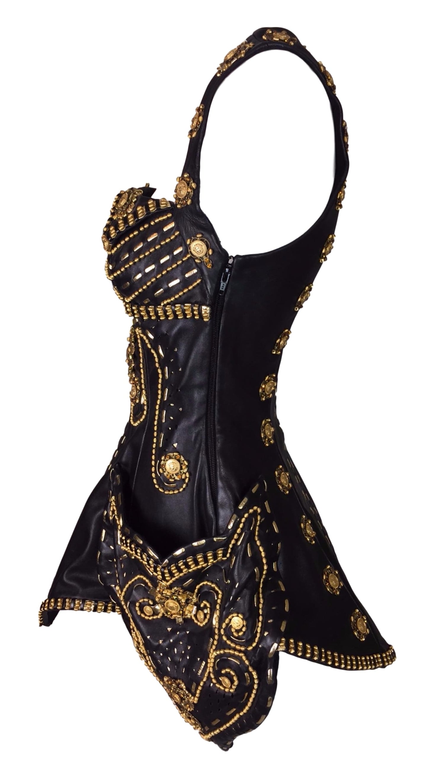 RARE F/W 1992 Atelier Versace Couture by Gianni Runway Black Leather Gold Embellished Mini Dress