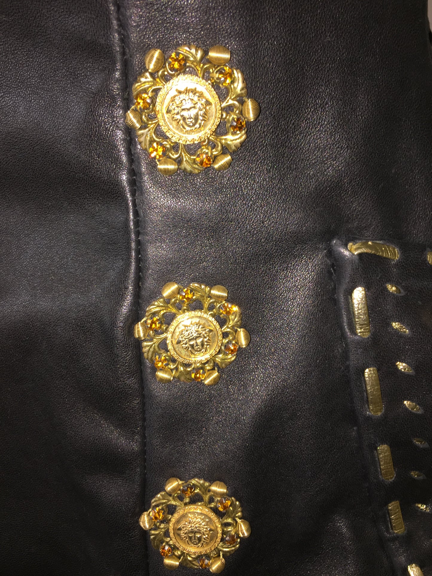 RARE F/W 1992 Atelier Versace Couture by Gianni Runway Black Leather Gold Embellished Mini Dress