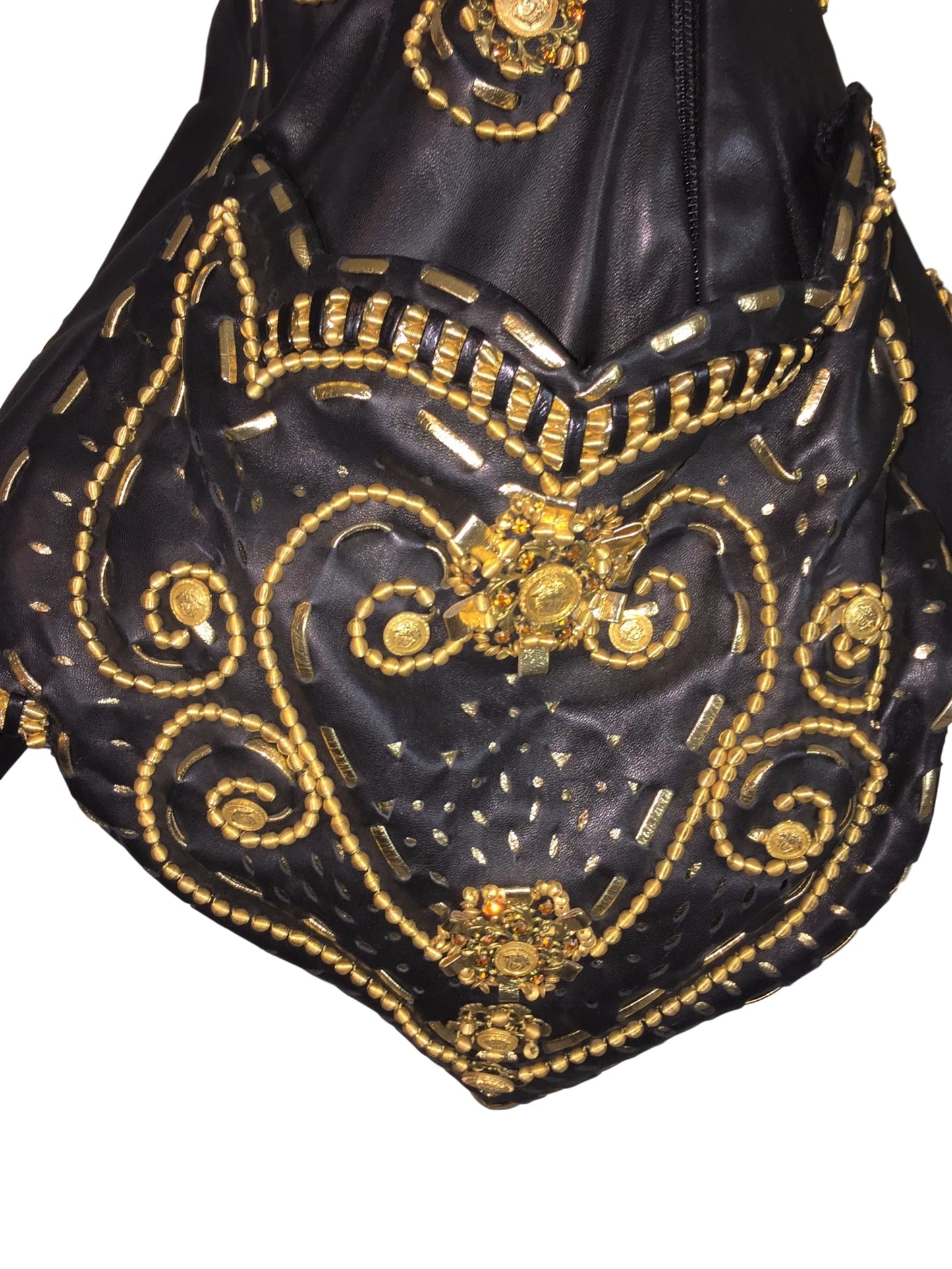 RARE F/W 1992 Atelier Versace Couture by Gianni Runway Black Leather Gold Embellished Mini Dress