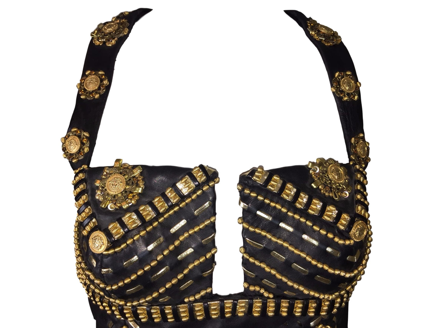 RARE F/W 1992 Atelier Versace Couture by Gianni Runway Black Leather Gold Embellished Mini Dress