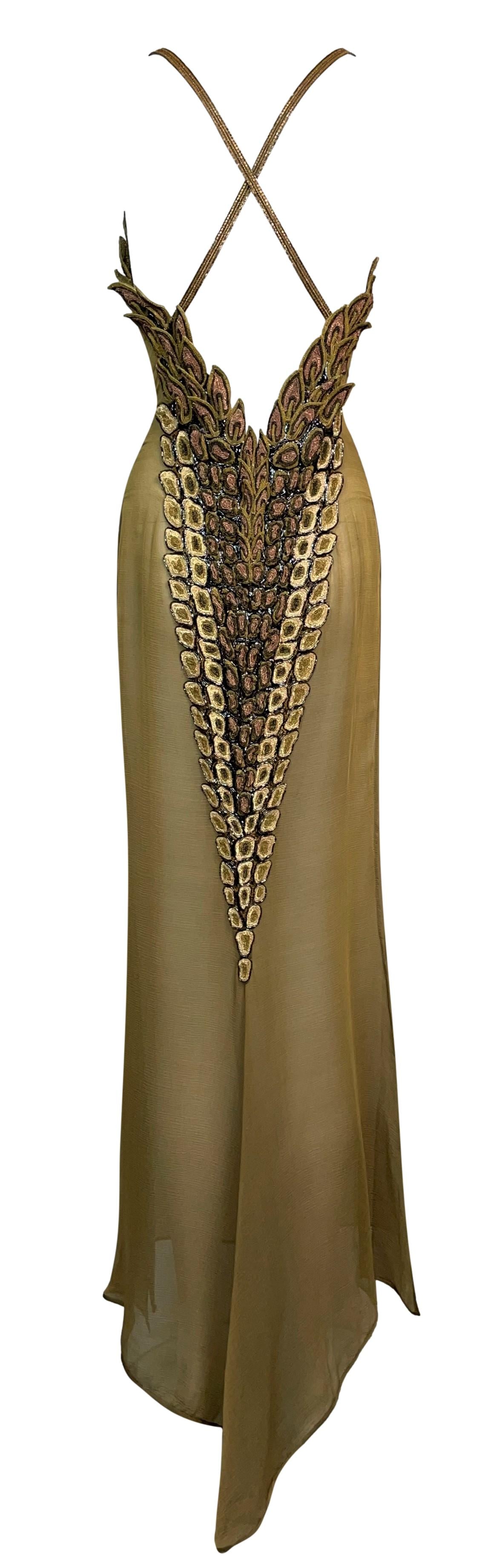 2003 Lloyd Klein Haute Couture Sheer Nude Silk Lesage Beaded Crocodile High Slits Dress w Choker & Cape
